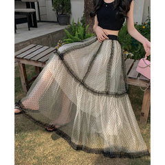 Aiertu - Elegant Tulle Midi Skirt Women Vintage Polka Dots Mesh Skirts Summer Ladies Korean Lace Print Patchwork A Line Faldas New Aiertu