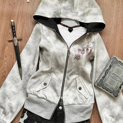 Aiertu - Y2k Aesthetic Vintage Printing Pocket Hoodies Gothic Fairy Grunge Hooded Jackets Autumn Women Double Zippers Punk Sweatshirt Aiertu