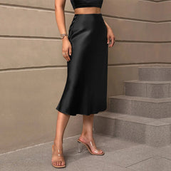 Aiertu - Satin Skirt High Waisted Solid Color Skirts Flared Hem Elegant Women Outerwear Aiertu