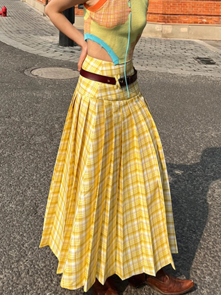 Aiertu - Y2k Yellow Checkered Midi Skirt for Women A-line High Waist Pleated Skirt Design Aesthetics Retro Plaid Short Dress Chic Aiertu