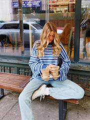 Aiertu - Women Casual Blue Striped Sweater Tops Fashion Loose Long Sleeve O-neck Knitted Jumpers Autumn Ladies High Street Knitwear Aiertu
