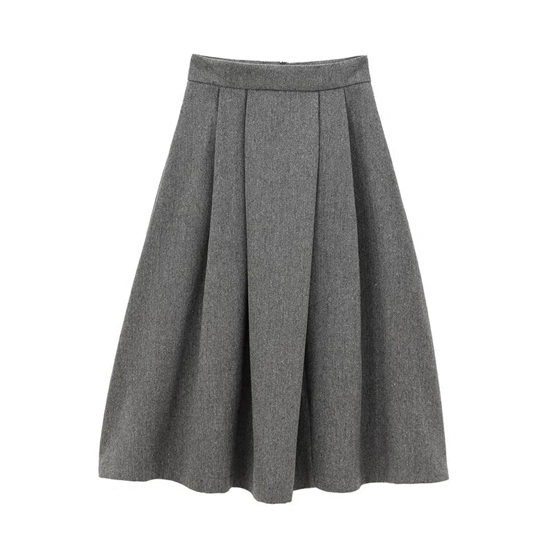 Aiertu - Office Lady Elegant Midi Skirt For Women Mid Waist Box Pleat A-line Autumn Winter Skirts Gray faldas mujer Aiertu