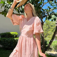 Aiertu - Gauze Long Dress For Women Sexy V-Neck Sweet Puff Sleeve Bandage Chic Elegant Party Beach Sundress Aiertu