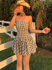 Aiertu - Fashion Retro Tube Top Floral Plaid Print Strap Bud Dress For Women Folds Hem Splice Mini Dress Sweet Party Dress Female Aiertu