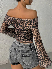 Aiertu - Leopard Printed Mesh T-shirt Top For Women Off-Shoulder Long Sleeve Cropped Y2k Top Pullover Contrast Female Slim Tee 2026 Aiertu