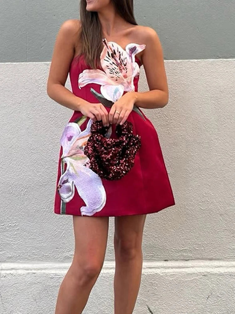 Aiertu - Women Elegant Strapless Flower Collage Dress Sexy Sleeveless Waist Slim Short A-Line Dress Fashion Temperament Mini Party Dress Aiertu