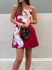 Aiertu - Women Elegant Strapless Flower Collage Dress Sexy Sleeveless Waist Slim Short A-Line Dress Fashion Temperament Mini Party Dress Aiertu