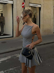 Aiertu - High Street Backless Bandage Pleated Dress Women Sexy Slit Sleeveless Bodycon Mini Dress 2025 New Summer Party Dress Streetwear Aiertu