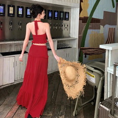 Aiertu - Sexy Pleated 2 Piece Suit Women Halter Backless Lace Up Tank Slim Hip Package Long Skirt Female Set Spring Summer Lady Sets Aiertu