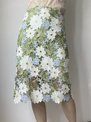 Aiertu - Floral-Embroidered Lace Green Pencil Skirts High Quality Hollow Out Knee-Length A-line Skirt Vintage Women Elegant Clothes Aiertu