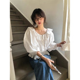 Aiertu Pure Cotton White Shirts Women Vintage Lace Patchwork Blouses Korean Elegant Ruffles Lantern Long Sleeve Casual Tops New Aiertu