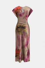 Aiertu Tie Dye Ruched Cut Out Button Twist Knot Midi Dress Aiertu
