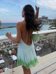 Aiertu - Green Gradient Hollow Out Pleated Halter Mini Dress Women Sexy Deep V-neck Backless Sleeveless Dresses Female Vacation Robe 2026 Aiertu