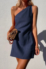 Aiertu Minimalism One Shoulder Linen Mini Dress Aiertu