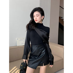 Aiertu Elegant Black Shirts Women Fashion Luxury Patchwork Blouses Office Ladies Korean Long Sleeve Slim Chic Design Tops New Aiertu