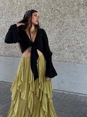 Aiertu - Irregular Multi-layer Ruffles Skirt Women Ribbon Pleated Elegant High Waist A-line Skirts 2025 Summer New Street Fold Lady Robe Aiertu