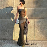 Aiertu - Fashion One Shoulder Maxi Dress Club Outfits Sleeveless Hot See Through Wrap Dresses Sexy Cut Out Vestido Clothes Aiertu