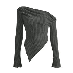 Aiertu - layered look inspo Y2K Grunge Asymmetrical Neck Knitted Sweater Women Sexy Off Shoulder Long Sleeve Rib-Knit Tee Solid Slim Short Pullover Aiertu