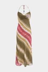 Aiertu - Tie Dye Ombre Print Satin Beaded Slip Cowl Neck Maxi Dress Aiertu