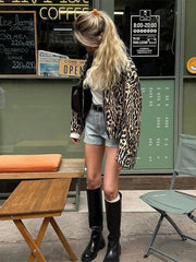 Aiertu - Women's Casual Leopard Printed Leather Lapel Patchwork Jacket Chic Zipper Long Sleeve Short Slim Coat 2026 Lady High Streetwear Aiertu