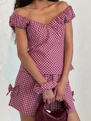 Aiertu - Women s Plaid Matching Set with V Neckline Off Shoulder Short Sleeve Top Bow Detail Elastic Waist Shorts and Pockets - 2 Aiertu