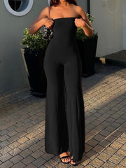 Aiertu - summer inspo Hot Black Solid Strapless Elegant Long Jumpsuits For Women Slim Wide Leg Flared Rompers Simple Fashion Vacation Overalls Aiertu