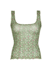 Aiertu - summer inspo Floral Print Frills Mesh Crop Top Women Sweet Summer Tank Vest Camisole Korean Fashion Aiertu