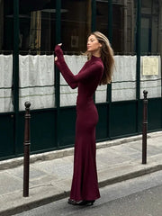 Aiertu - Elegant Grape Purple Pleated High Collar Long Dress Women Fashion Long Sleeve Bodycorn Maxi Dresses 2026 Lady High Street Robes Aiertu