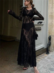 Aiertu - Black Lace Printed Long Dress For Women See-Through Hollow Out High Waist Patchwork Sexy Party Dress Women's Summer Dress Aiertu