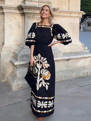 Aiertu - Women's Elegant Printed Long Dress Lantern Short Sleeve Loose Female Dresses Casual Square Collar Holiday Lady Robe Summer 2026 Aiertu