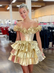 Aiertu - Women Golden Off Shoulder Lace Up Pleated Flounces Mini Robe Sexy Sleeveless Ruffles Cake Stamping Dress Summer Lady Partywear Aiertu