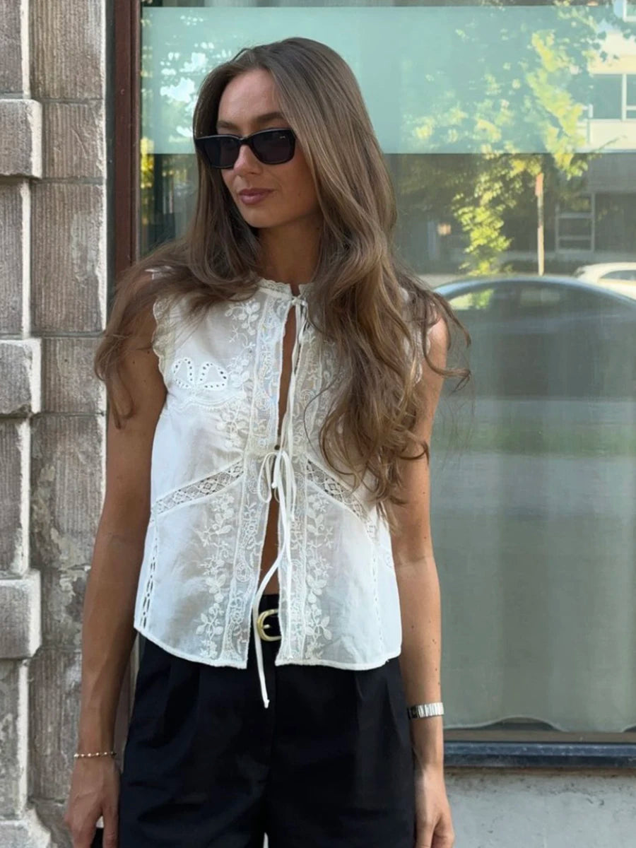 Aiertu - Fall Outfits 2026 White Lace Jacquere Tank Tops Women Summer New O Neck Sleeveless Lace-up Embroidered Camisole 2026 Elegant Fashion Cropped Tops Aiertu