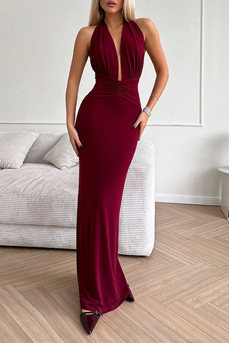 Aiertu -Sexy Solid Color Backless Ruched Halter Evening Dresses aiertu
