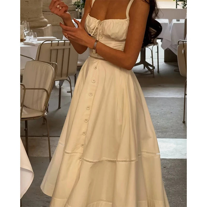 Aiertu - Women Corset Style Sling Summer Dresses 2026 Lace Up Bandage Back A-line Midi Dress White Elegant Party Robe Aiertu