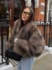 Aiertu - Vintage Faux Fur Short Coats Women Retro Thick Large Cuffs Solid Fur Coat Female Winter Warm Lady Chic High Street Outwear Aiertu