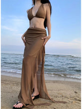 Aiertu - Fashion Women's Summer Brown V Neck Backless Halter Bandage Vest Tops And High Waisted Irregular Long Half Skirt Two Piece Sets Aiertu