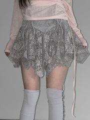 Aiertu -Lace Ruched Asymmetrical Bow Mini Skirt aiertu