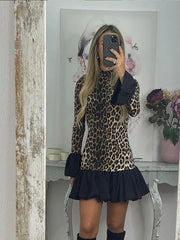 Aiertu - Leopard Print Patchwork Trumpet Sleeve Dress Women Sexy Slim Pleated Hem Dresses 2026 New Autumn Female New Party Highstreet Aiertu