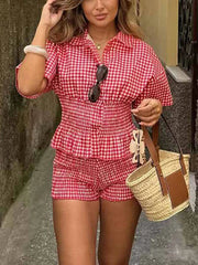 Aiertu - Women Two-Piece Set Of Plaid Short Sleeve Shirt Top Shorts Lapel Pleated Waist Cinched Shirts Blouse Checkered Beach Shorts Suit Aiertu