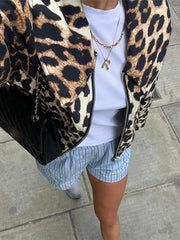 Aiertu - Women Casual Leopard Print Bomber Jacket Elegant Lapel Long Sleeves Zipper Pockets Loose Coat 2026 Autumn Lady High Streetwewar Aiertu
