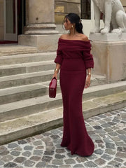 Aiertu - Women Off Shoulder Half Sleeves Maxi Dresses Elegant Dark Red Strapless Slim Knitted Long Dress New Sexy Lady Night Party Robes Aiertu