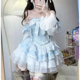 Aiertu Lolita Cute Girl Sweet Summer Patchwork Bow Ruffles Bandage Lace Fashion Solid Color Slim Casual Long Sleeved Dresses Aiertu