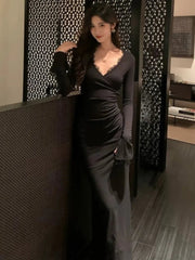 Aiertu - Elegant Black Lace Mermaid Dress for Women V-neck Long Sleeve Party Prom Robe Autumn Slim Evening Vestidos Mujer Fashion Clothes Aiertu
