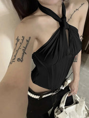 Aiertu - Y2k Aesthetic Halter Bandage Pleated Tank Top Women Streetwear Backless Bodycon Tanks 2026 Summer Sexy Grunge Cropped Camisole Aiertu