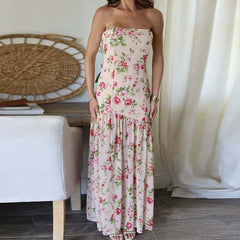 Aiertu - Summer Sexy Strapless High Waist Bohemian Dress Casual Backless Beach Long Dresses Floral Print Pleated Split Women's Dress Aiertu