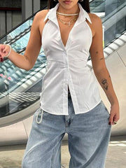 Aiertu - summer inspo Hot Sleeveless Backless Tie Bow Shirts For Women Single Breasted Turn Down V Neck Sexy Halter Tops Solid Summer Vacation Aiertu