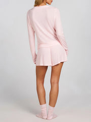 Aiertu - New Fashion Women 2-Piece Fall Shorts Set Half Button-Up V-Neck Long Sleeve Tops Shorts Solid Color Eyelet Outfits Hot Sale Aiertu