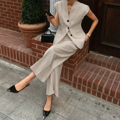 Aiertu - Khaki Suit Vest 2 Piece Set Spring V Neck Sleeveless Waistcoat+High Waist Pants Sets Elegant Fashion Casual Women's Suits New Aiertu