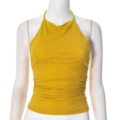 Aiertu - Yellow Halter Tank Tops Summer New Women Streetwear Sexy Backless Ruched Slim T-shirts Female Fashion Sleeveless Tops Tee 2025 Aiertu