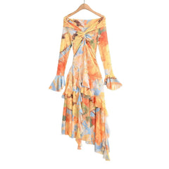 Aiertu - European and American style mesh print one shoulder sexy slim dress female autumn new irregular long skirt Aiertu